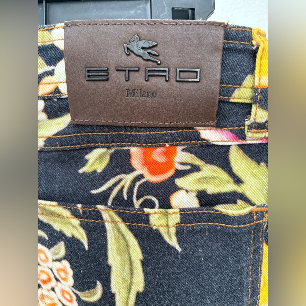 Etro Milano Designer Black Multicolor Floral Skinny Pants Size 29 Made In Italy - Picture 7 of 15
